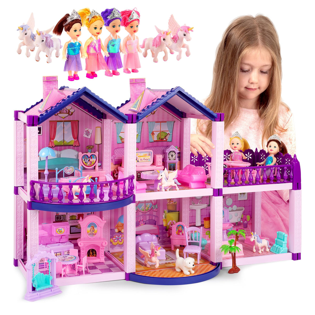 TomLeOn dollhouse front view in pink and purple, inviting imaginative play for toddlers
