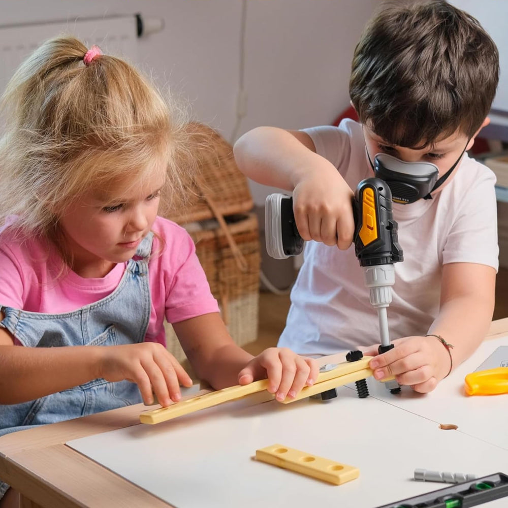 TOMLEON battery-operated drill demonstrates realistic pretend construction for energetic play
