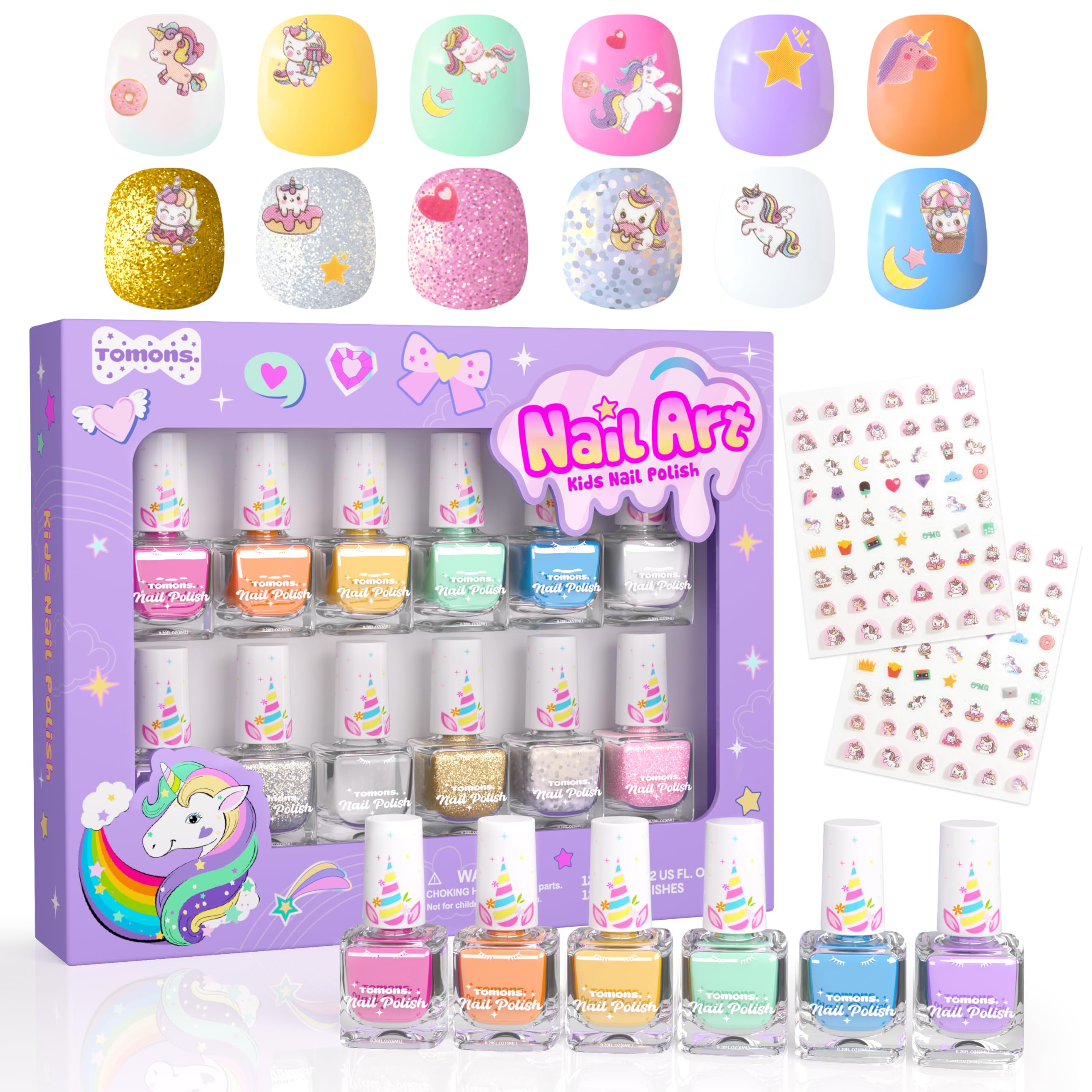 Tomons nail polish set with 12 colors and top coat for kids' DIY nails.