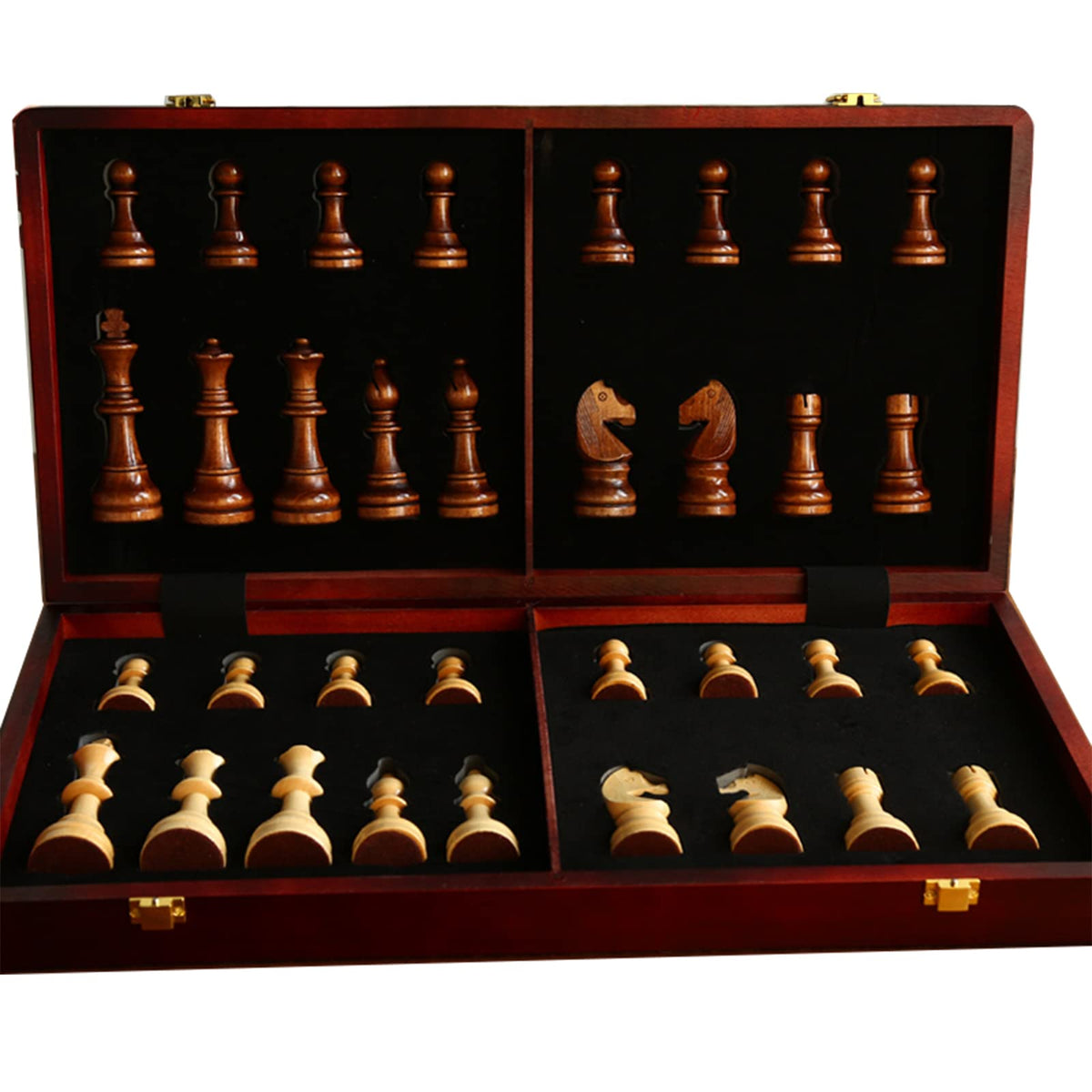 Tomost walnut chess set folded board for compact storage after play