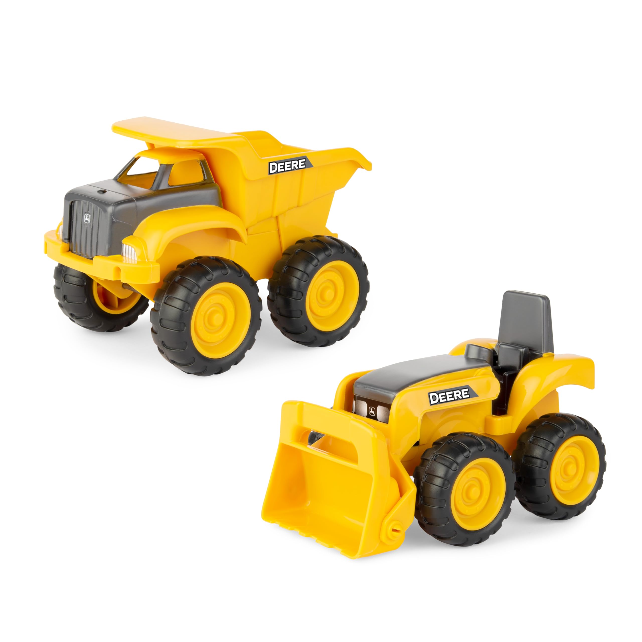 TOMY John Deere dump truck with moving dump bed for sandbox play.