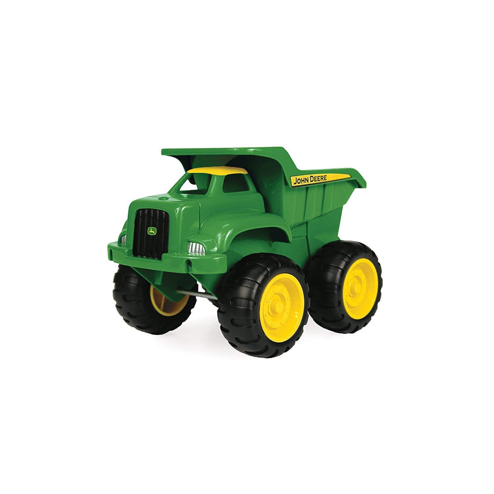 TOMY John Deere vehicle set shown in sandbox for outdoor fun.