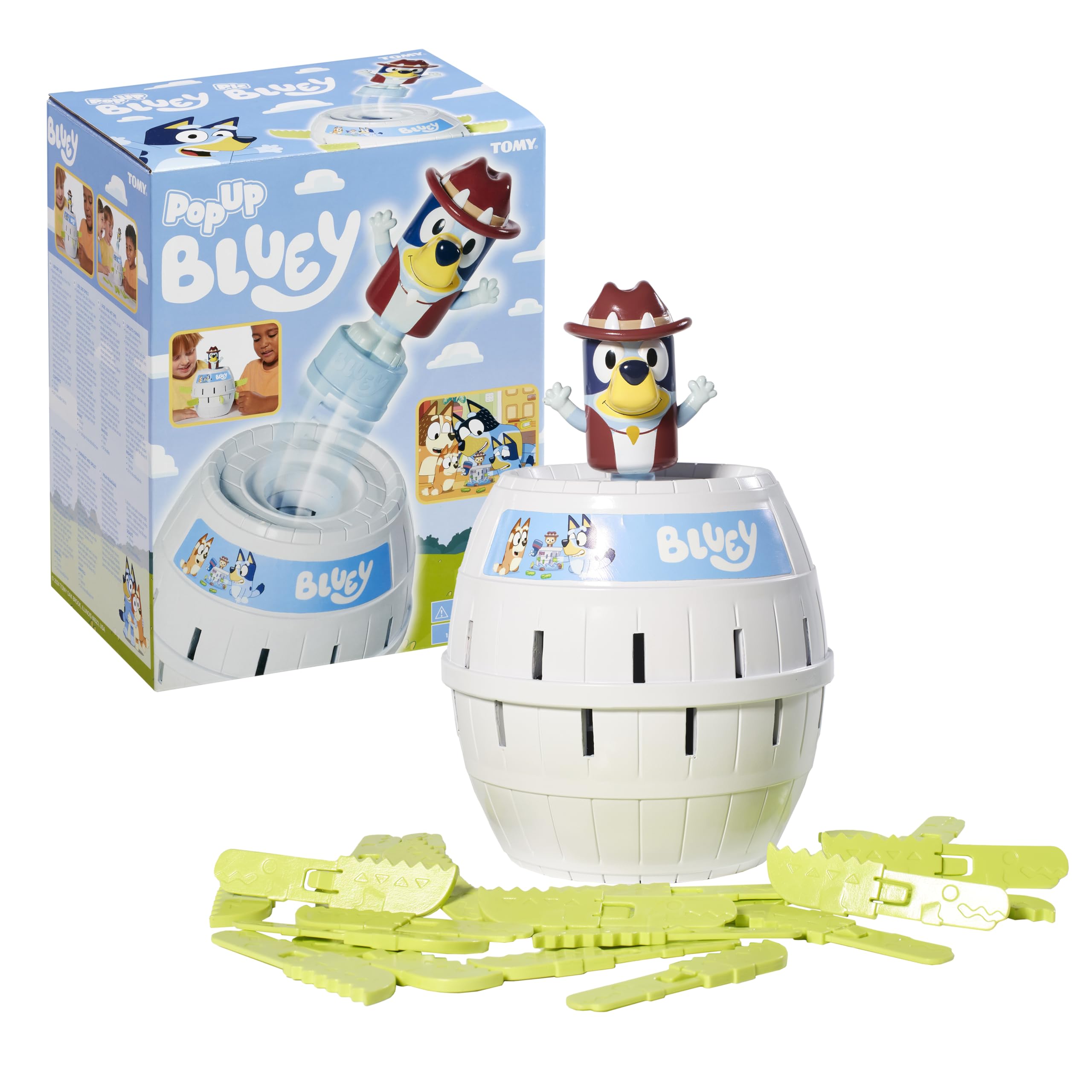 TOMY Pop Up Bluey barrel ready for family game night