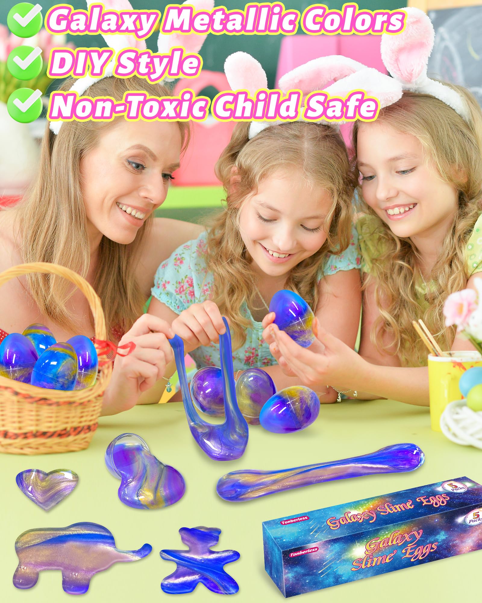 Tonberless stretchy slime detail emphasizes safe, reusable egg fillers for Easter activities.