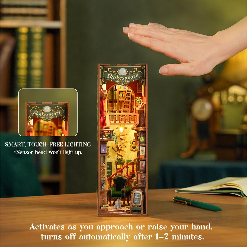 Tonecheer 3D wooden puzzle bookend during assembly and decoration.
