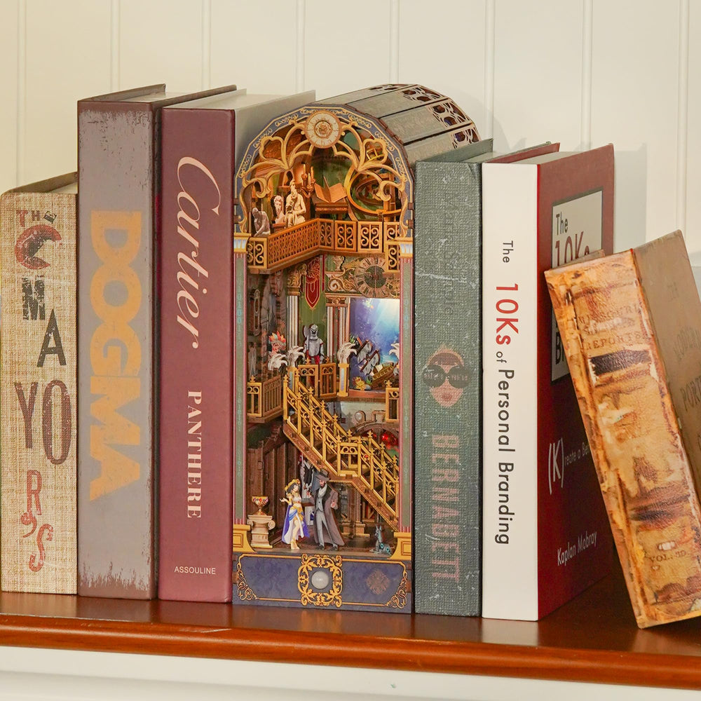 Tonecheer book nook LED light on adds gentle illumination to your shelf.
