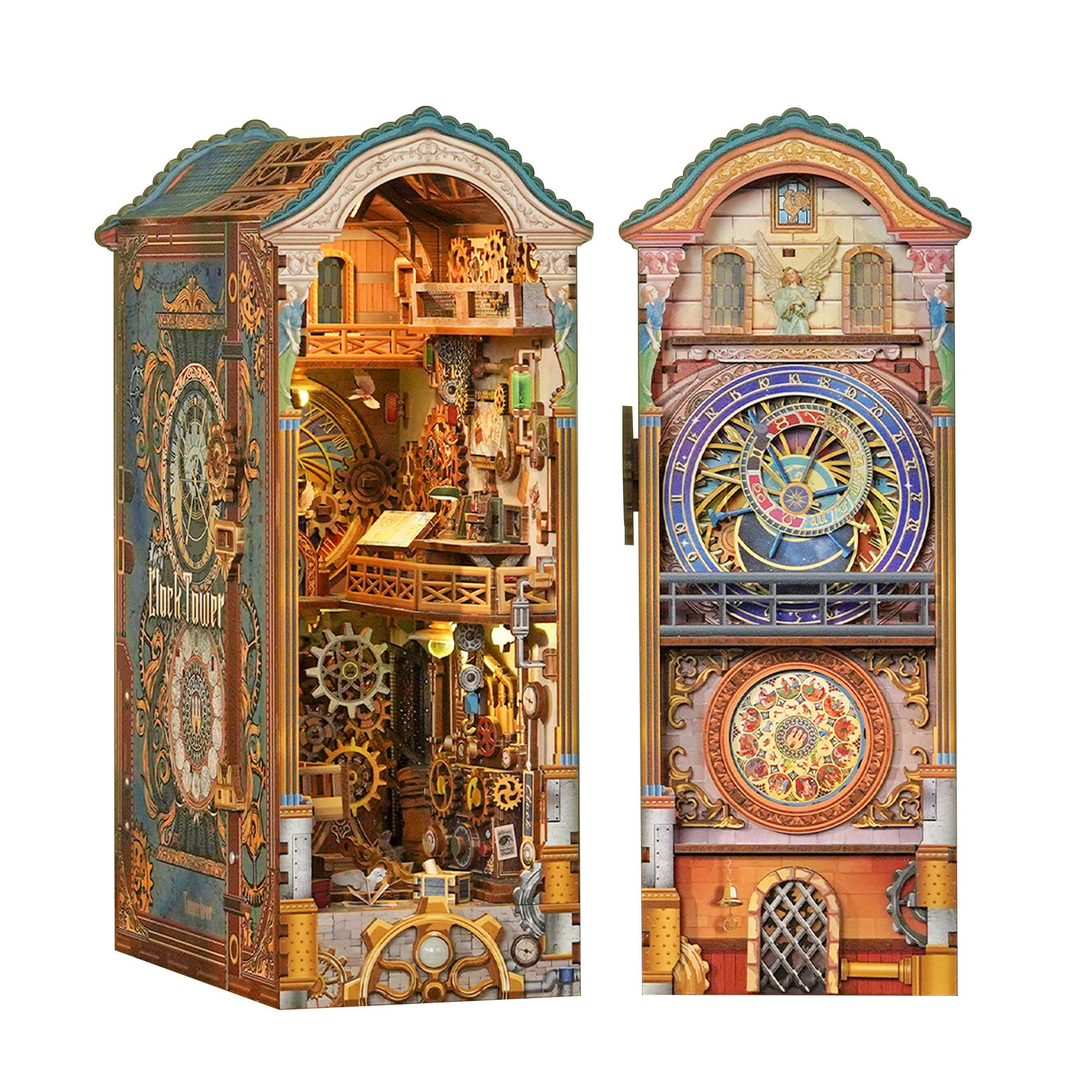 Tonecheer Clock Tower Book Nook Kit on a shelf adds medieval charm and warm light.