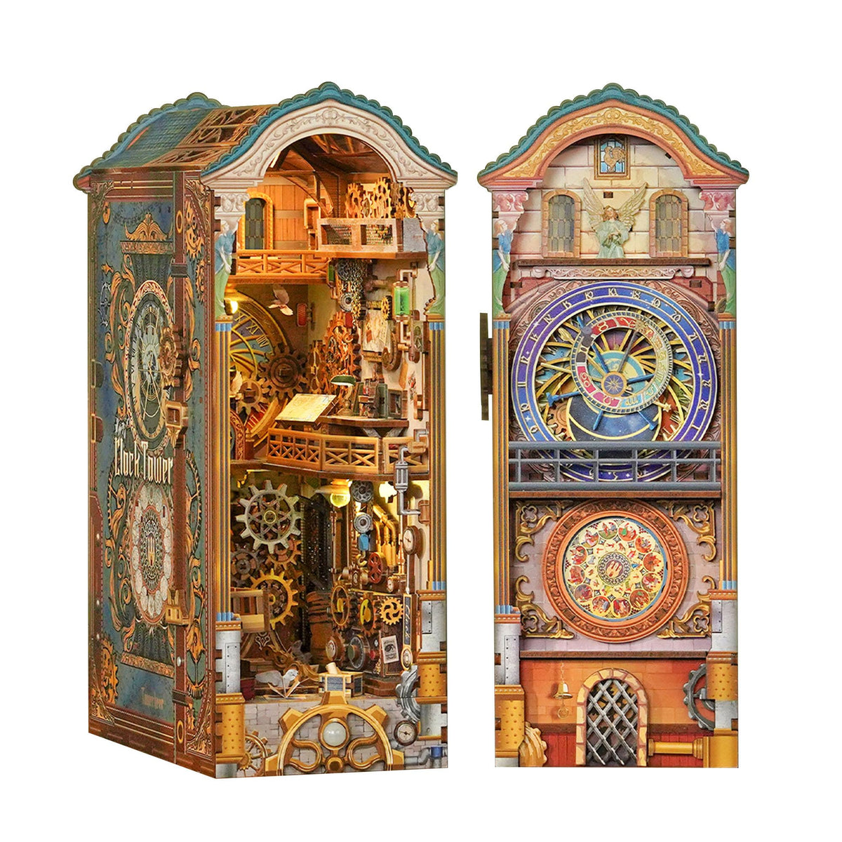 Tonecheer Clock Tower Book Nook Kit on a shelf adds medieval charm and warm light.