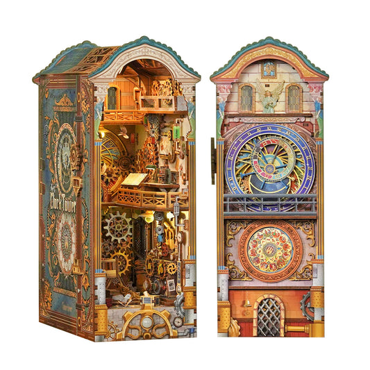 Tonecheer Clock Tower Book Nook Kit on a shelf adds medieval charm and warm light.