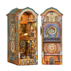 Tonecheer Clock Tower Book Nook Kit on a shelf adds medieval charm and warm light.