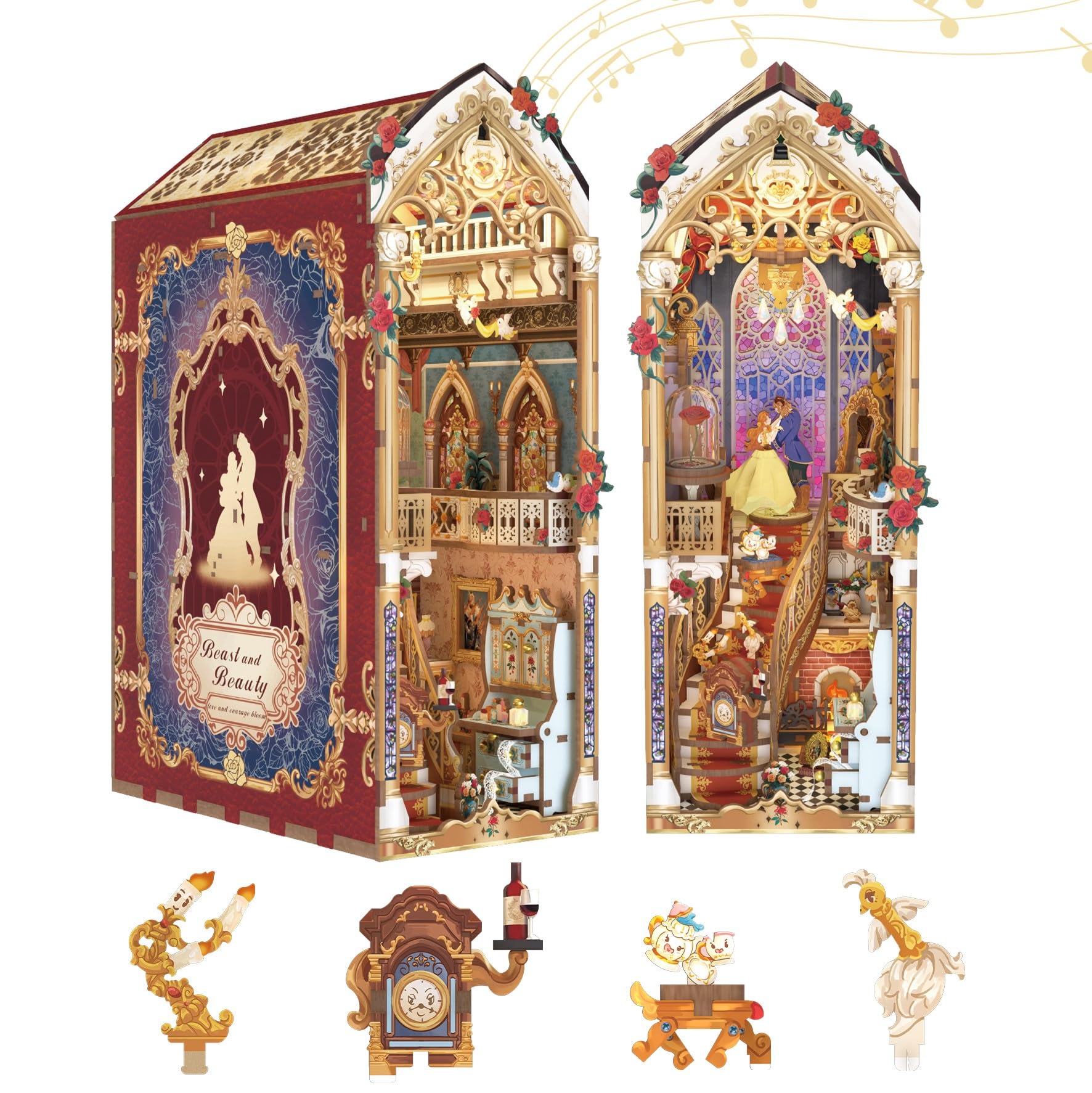 Tonecheer Beast and Beauty book nook kit with warm LED lighting showcases the scene.