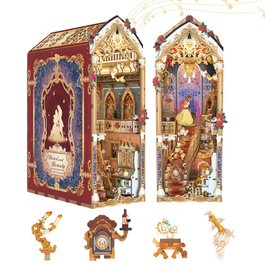 Tonecheer Beast and Beauty book nook kit with warm LED lighting showcases the scene.