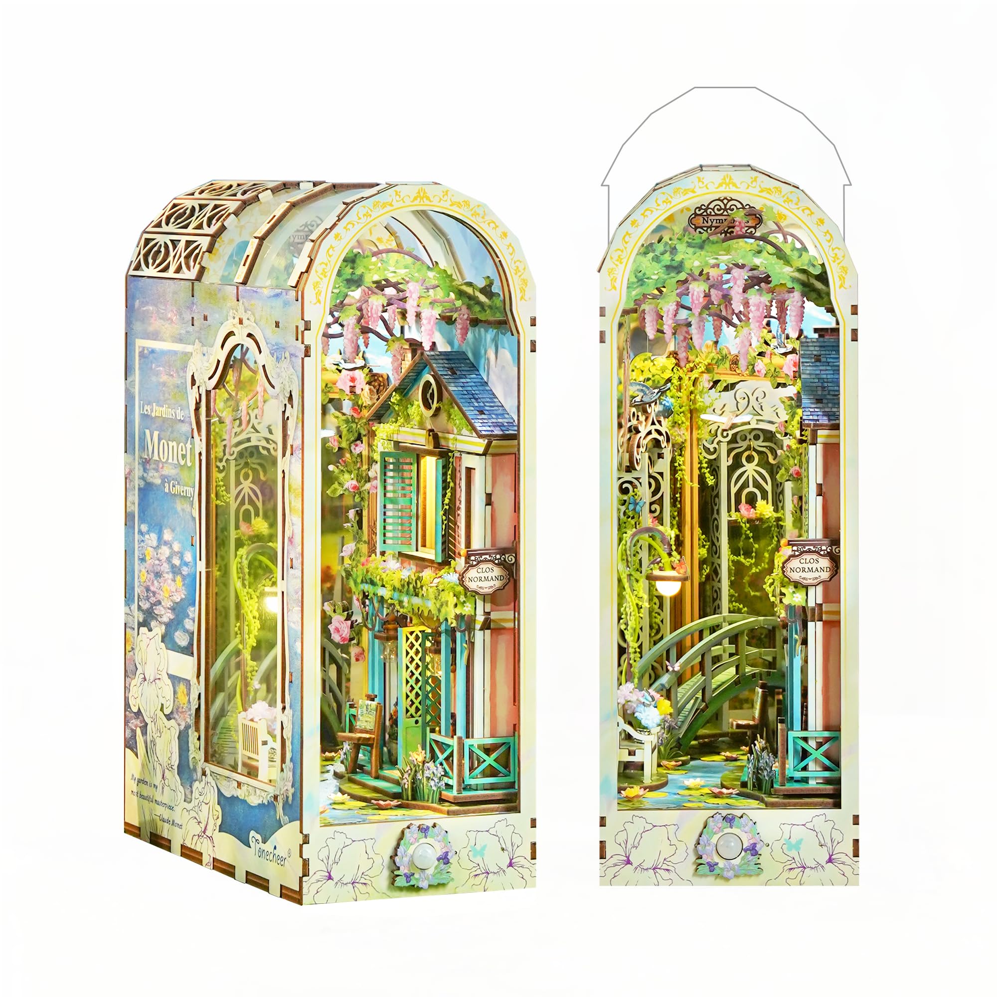 Tonecheer book nook kit with Giverny garden bridge view enhances bookshelf display.