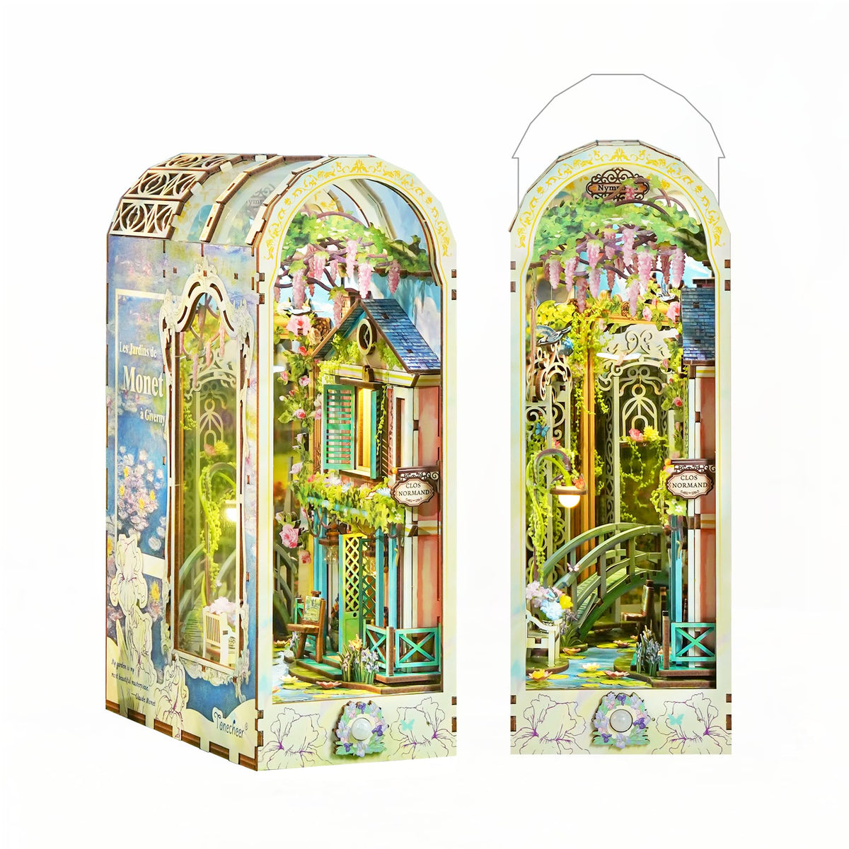 Tonecheer book nook kit with Giverny garden bridge view enhances bookshelf display.