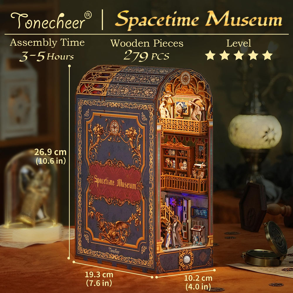 Tonecheer spacetime museum book nook side view showing intricate layers and warm glow.