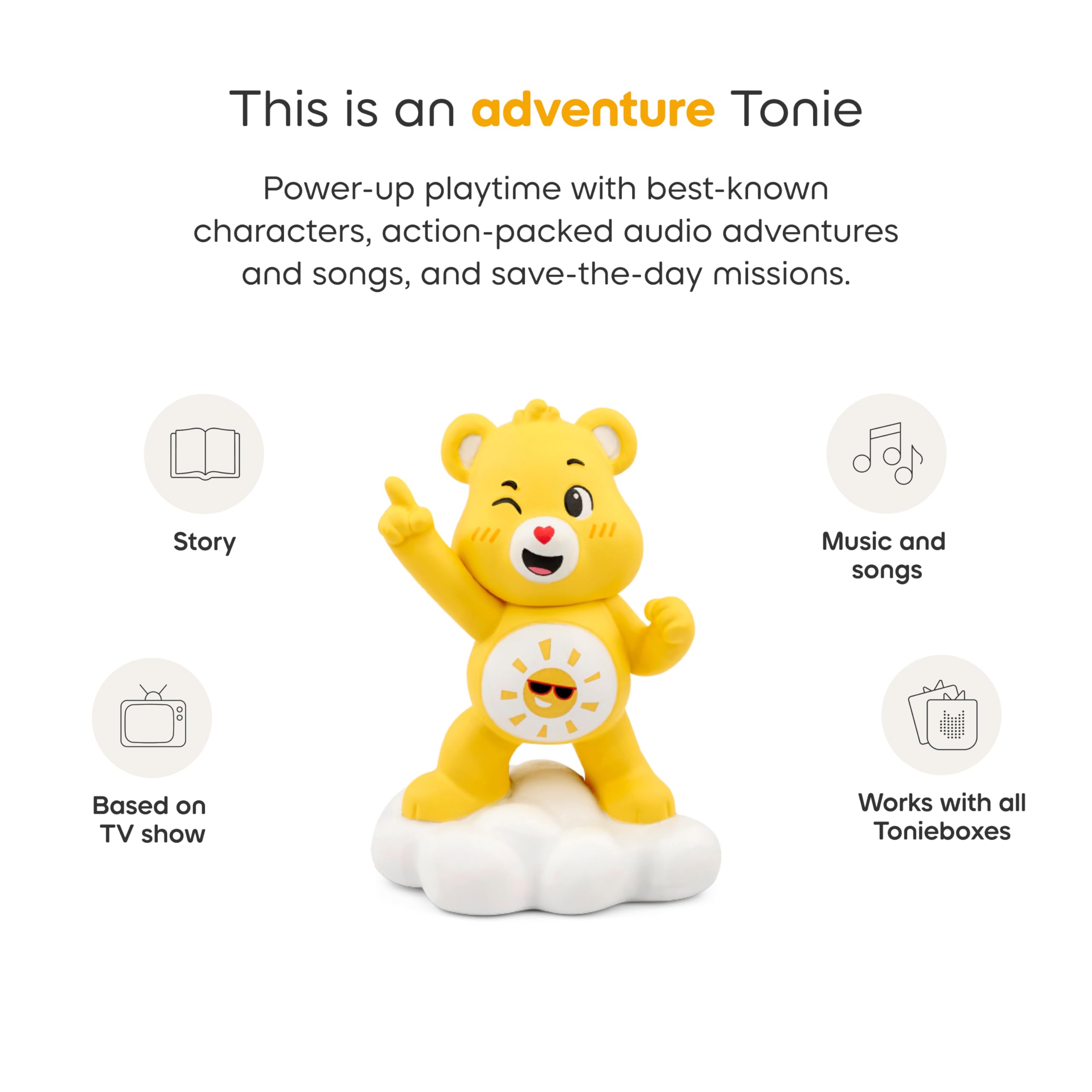 Care Bears branding on Funshine Bear packaging for gift-ready purchase.