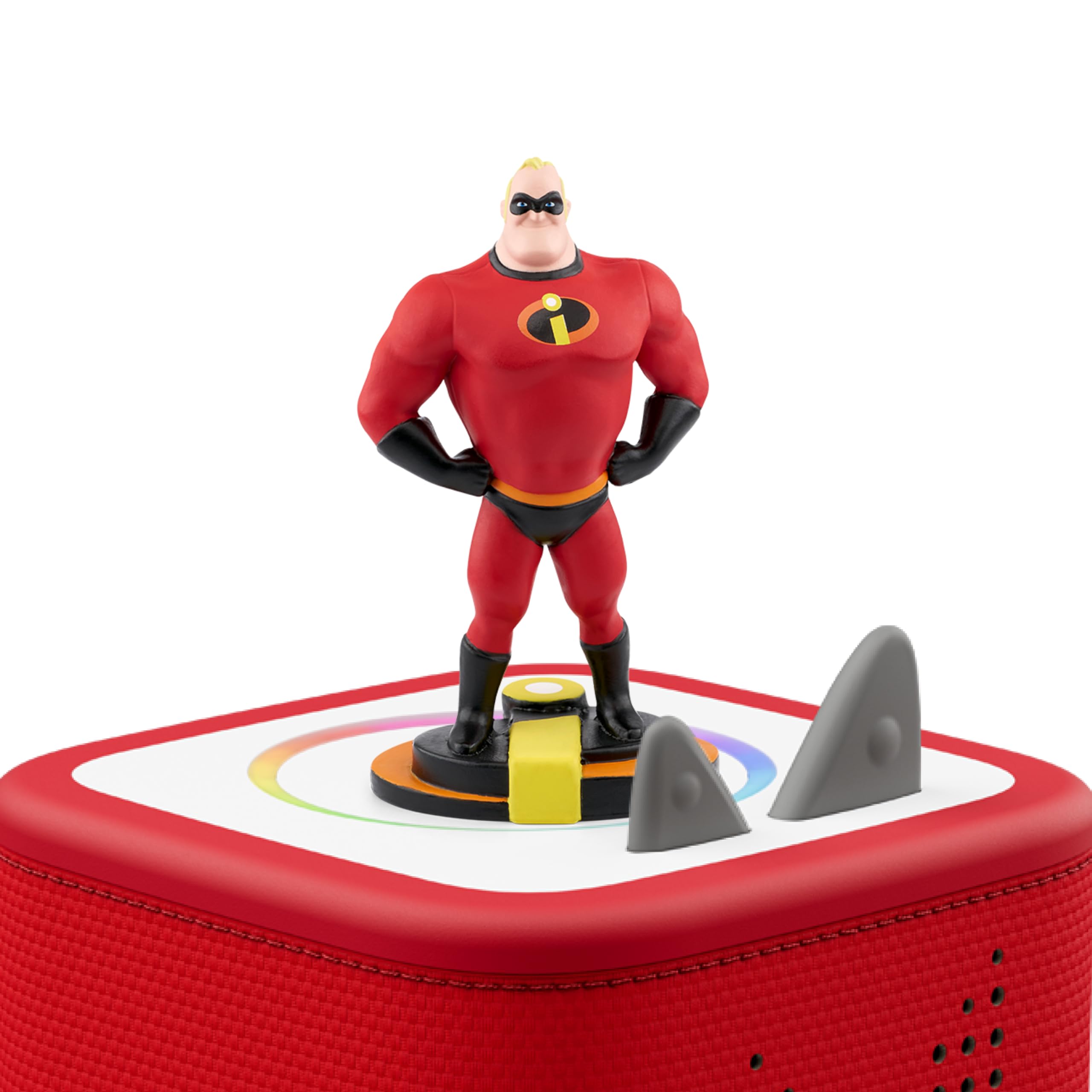 Mr. Incredible sits on a Toniebox for immersive listening.
