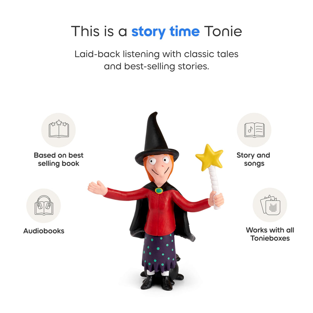 Tonies Room on the Broom story and song cover promotes a quick, cozy story session.