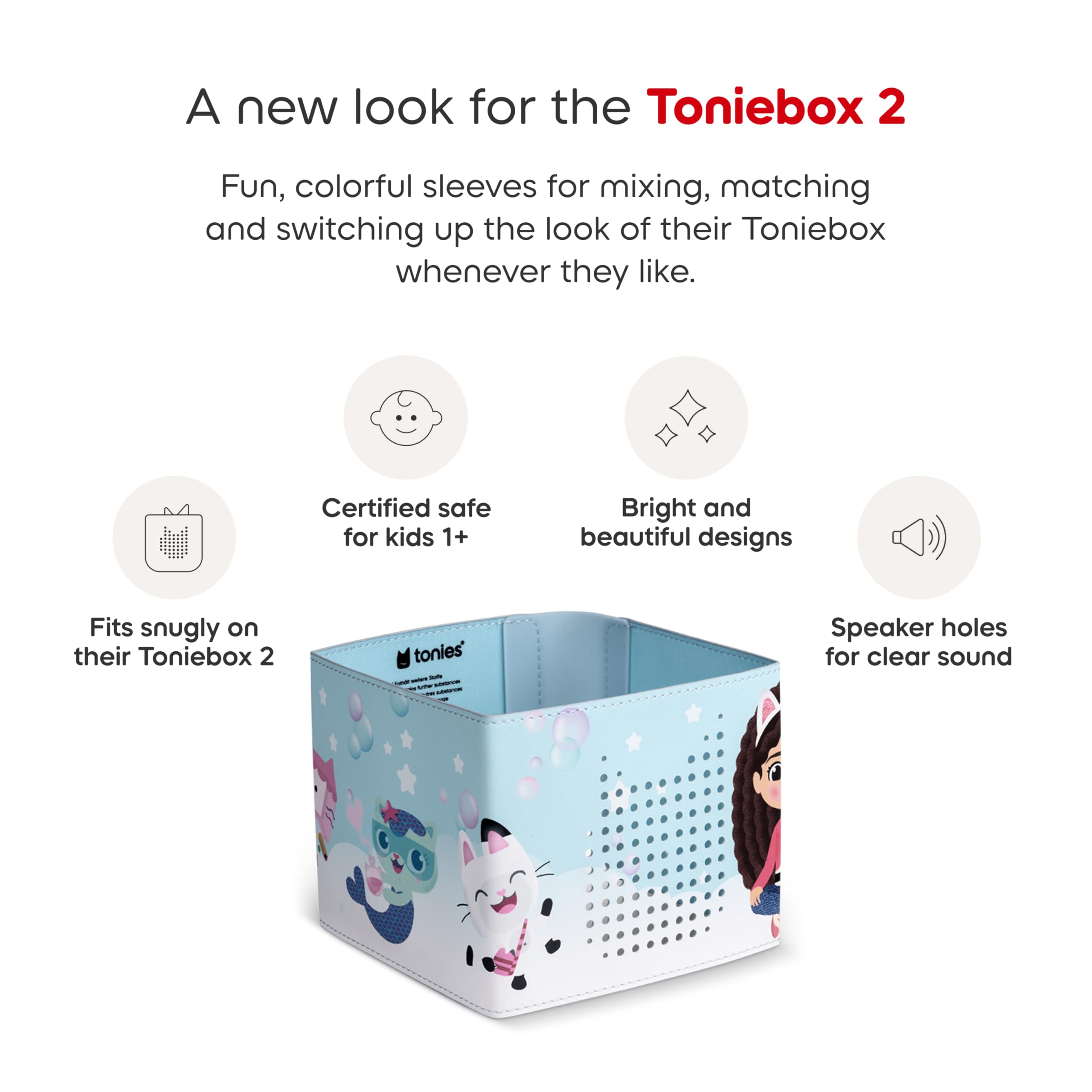 Faux leather and silicone sleeve offers durable, kid-friendly decoration on Toniebox 2.