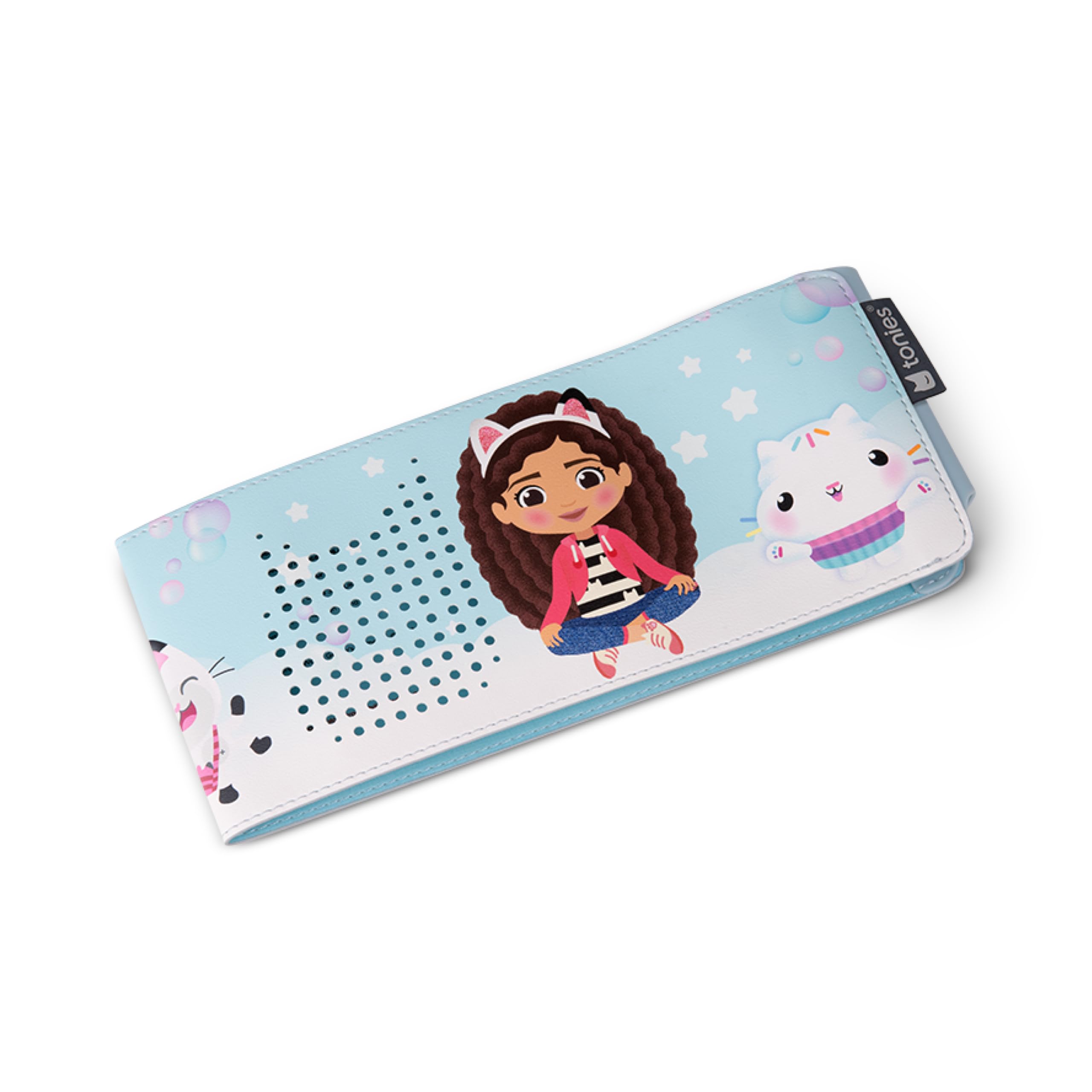 Pink patterned sleeve on Toniebox 2 adds playful style.
