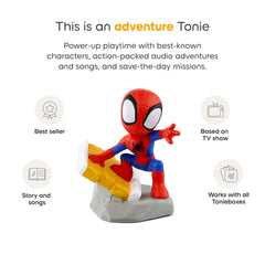 Tonies Spidey figurine beside park rides inspires screen-free pretend play.