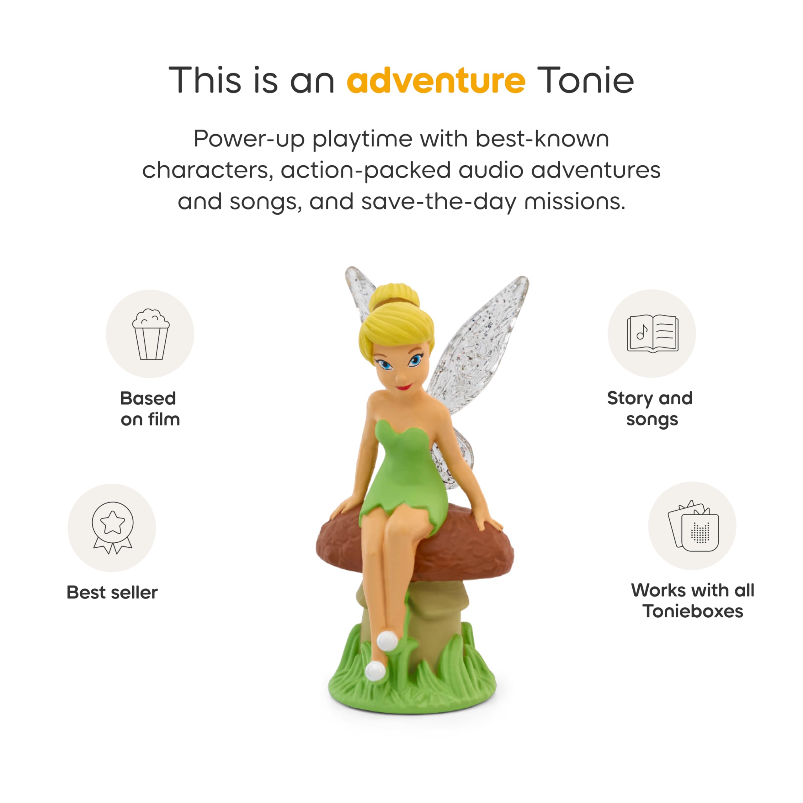 Tonies Tinker Bell with Toniebox setup illustrates easy audio playback.