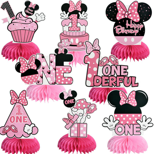 TONIFUL 1st Birthday Pink Mouse centerpieces with honeycomb bases for festive tables.