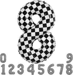 TONIFUL 40-inch checkered number 8 balloon, front view, ideal bold birthday party décor.
