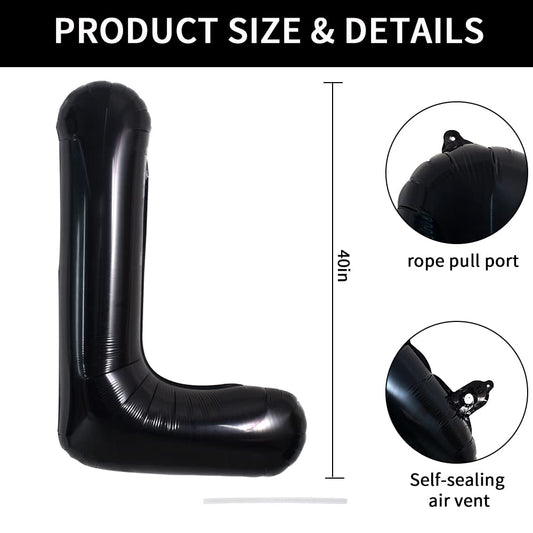 TONIFUL black L letter balloon in packaging, premium foil finish.