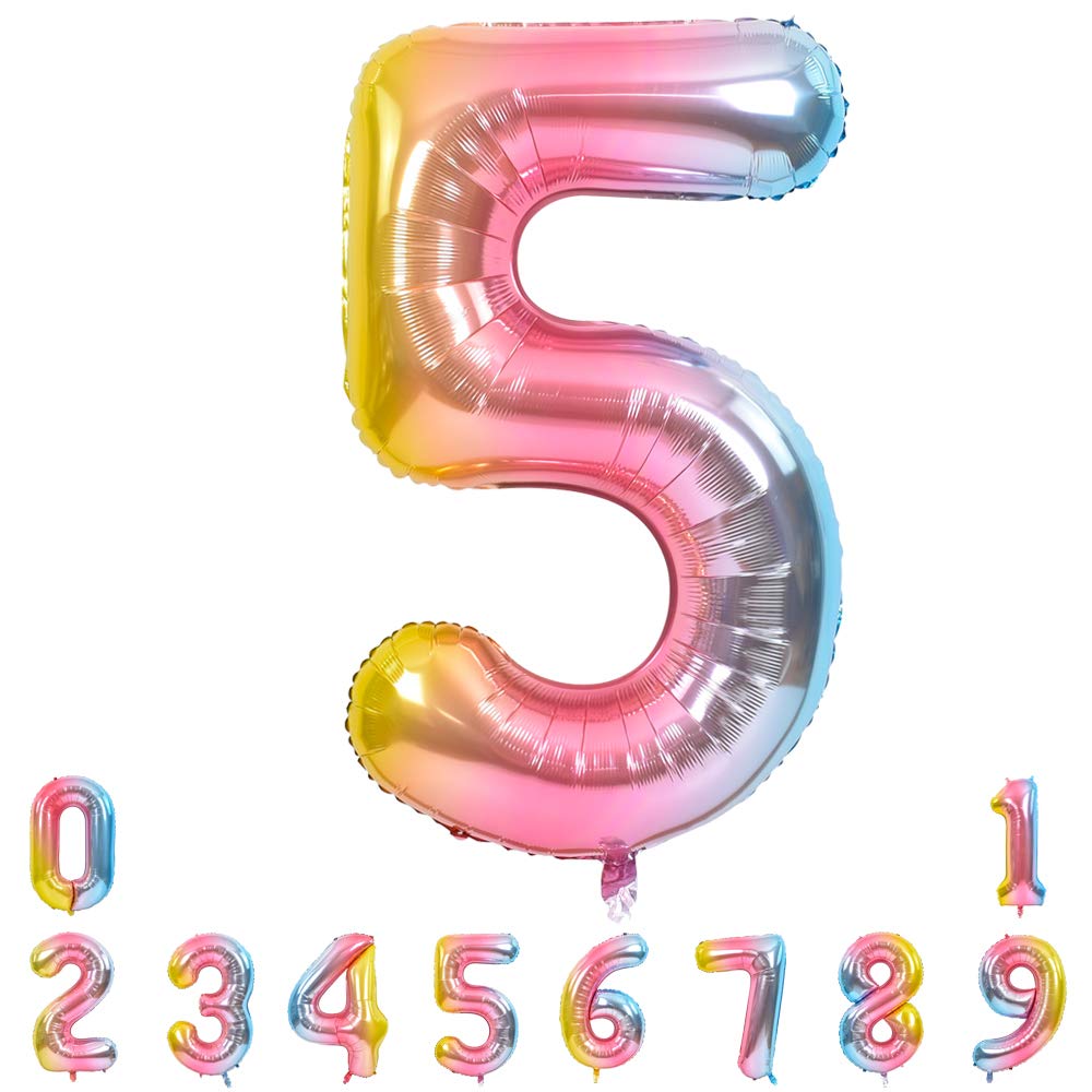 TONIFUL 40-inch rainbow number 5 balloon for memorable birthday photos.