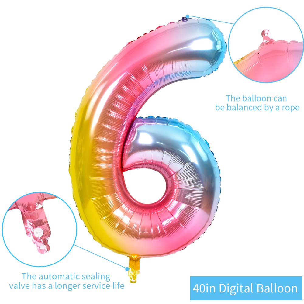 TONIFUL 40-inch rainbow number balloon 6, close-up foil shine.