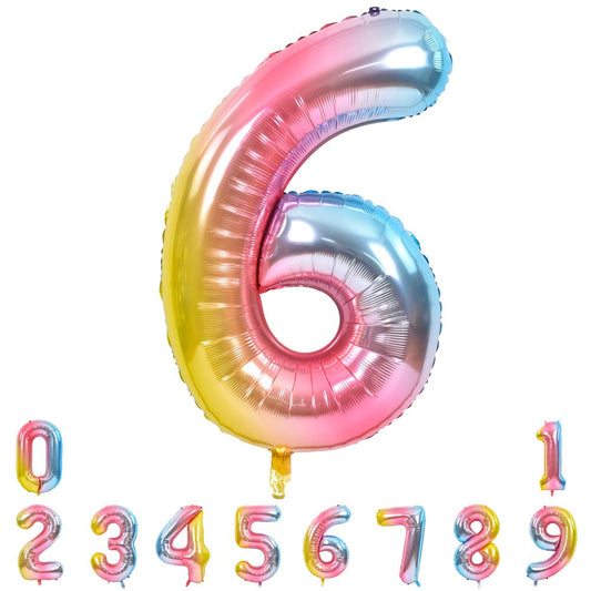 TONIFUL 40-inch rainbow number balloon 6, side view, ideal for photo backdrops.
