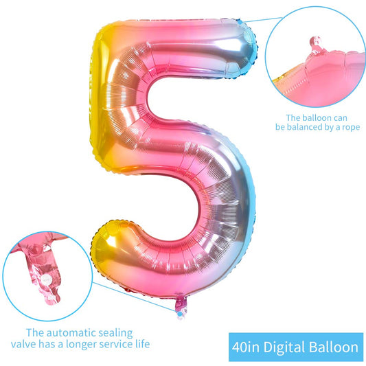 TONIFUL 40-inch rainbow number balloon with included straw for quick setup.