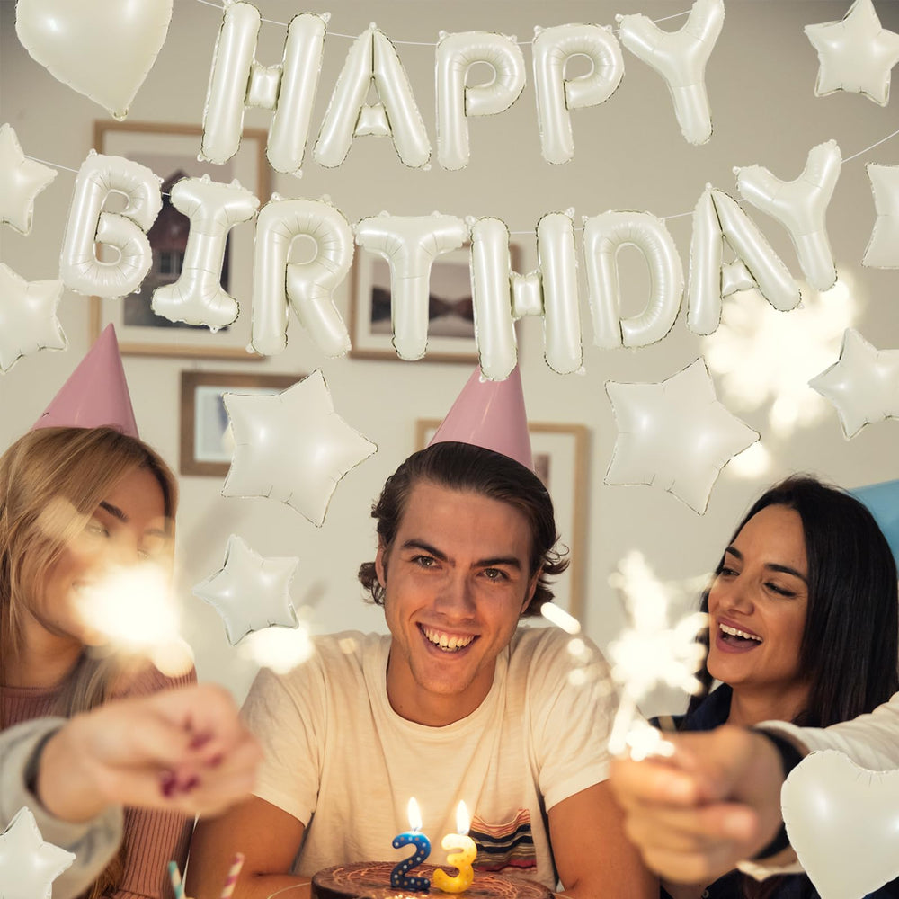 TONIFUL birthday banner accessories include straws, ribbon, and glue dots for quick setup