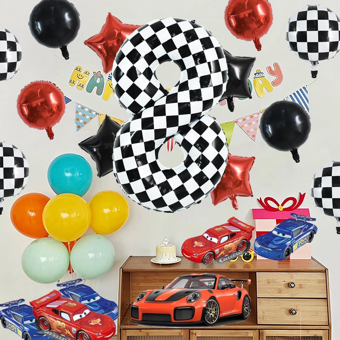 TONIFUL black-and-white balloon design, perfect for race car themed parties and photo shots.