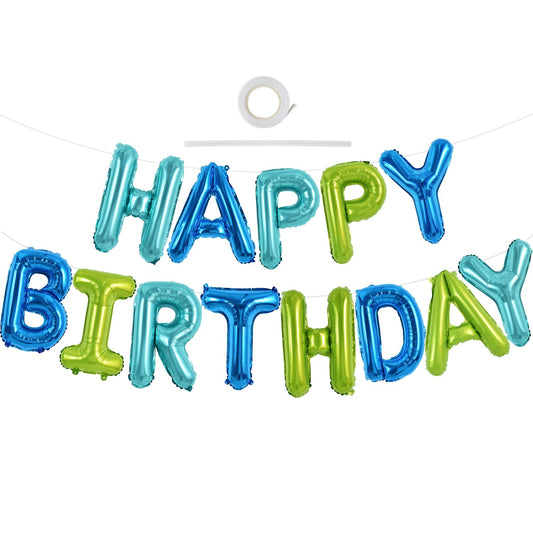 TONIFUL blue-green Happy Birthday banner with 16-inch foil balloons for festive decor.