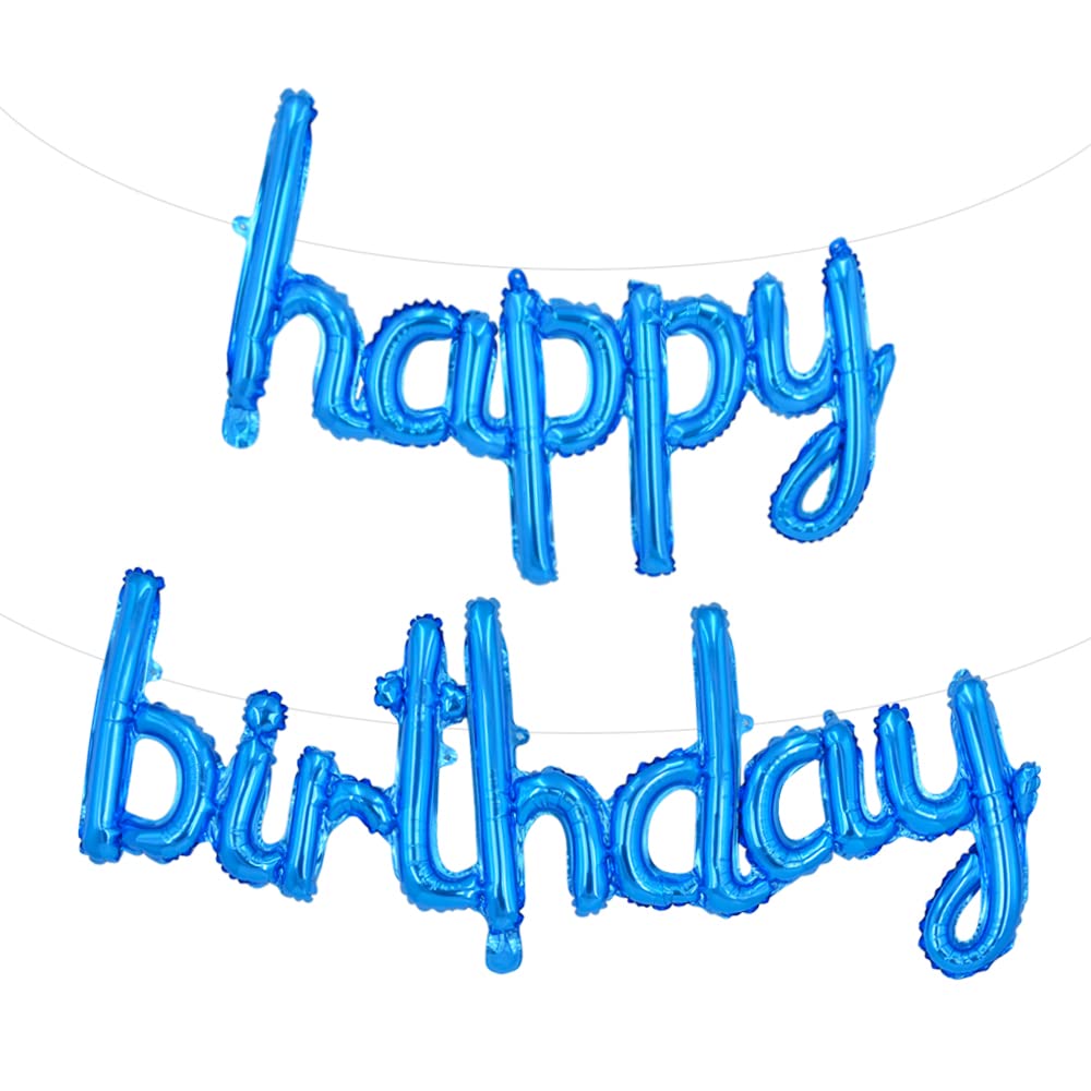 TONIFUL Blue Happy Birthday banner close-up shows shiny cursive letters for festive photo backdrop.