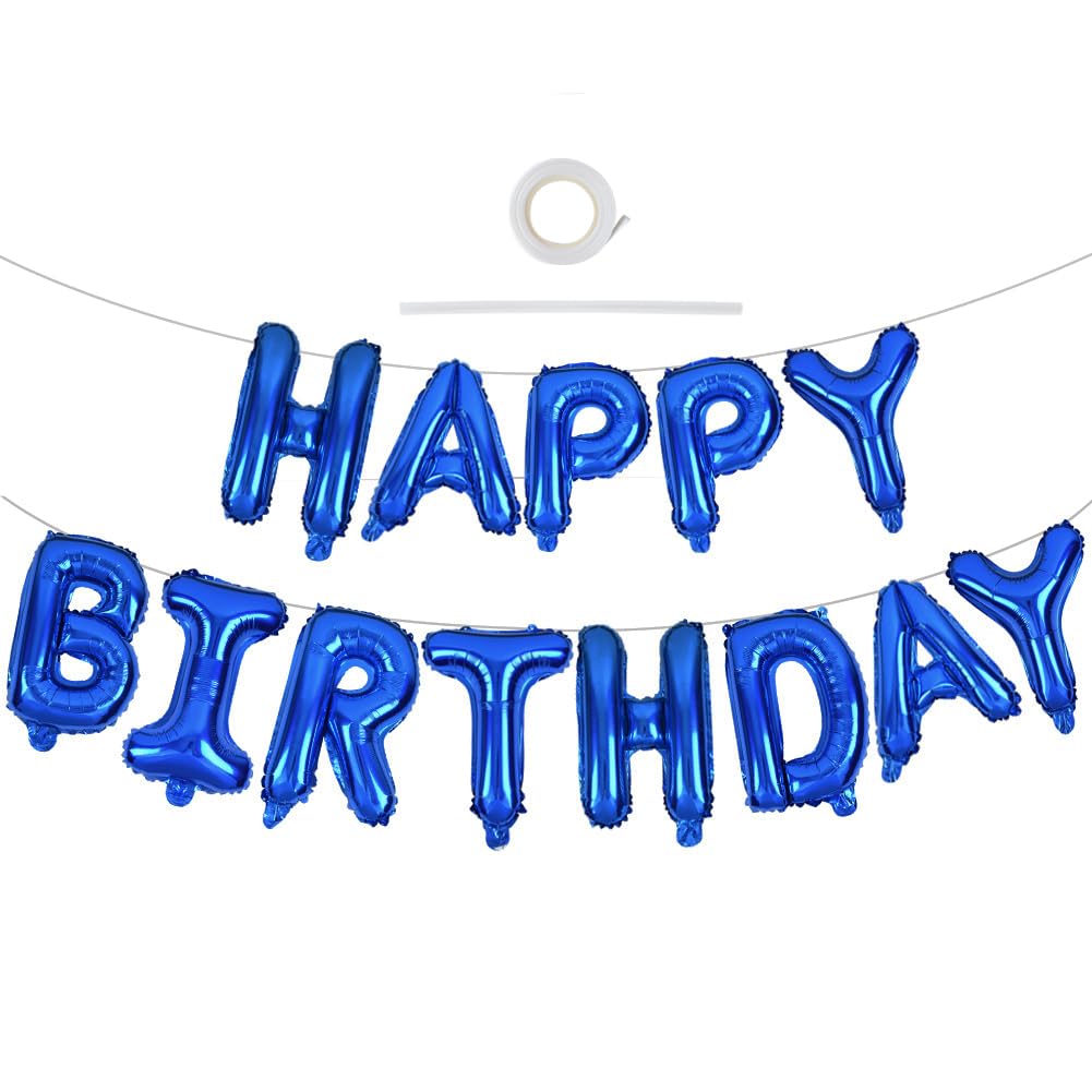Toniful blue Happy Birthday foil letters balloons ready to decorate a kid or adult party.