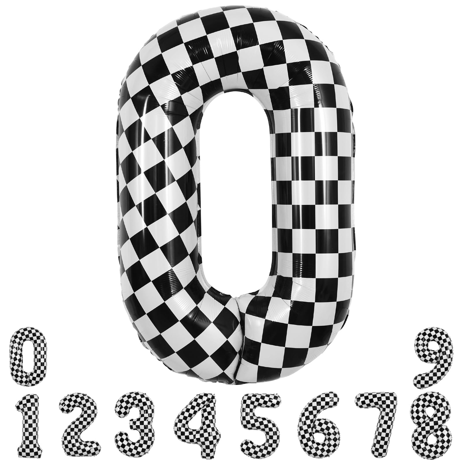 TONIFUL checkered 0 balloon 40in creates an eye-catching race-themed centerpiece.