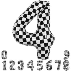 TONIFUL 40-inch checkered number 4 balloon used as a bold birthday centerpiece.