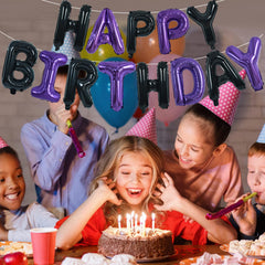 Close-up of TONIFUL black purple foil balloons showing durable Mylar construction