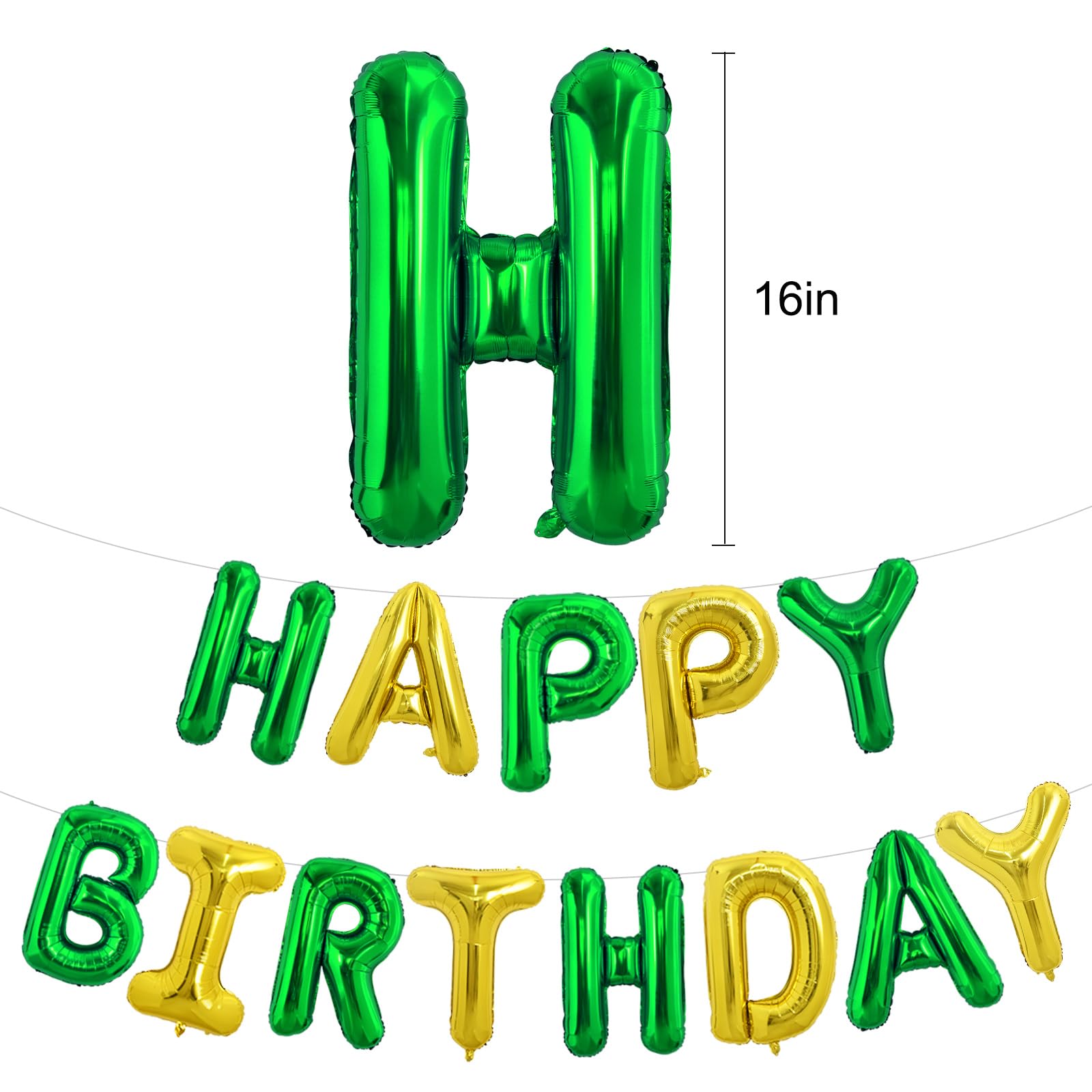 TONIFUL foil-letter balloons close-up in green-gold showing premium shine.