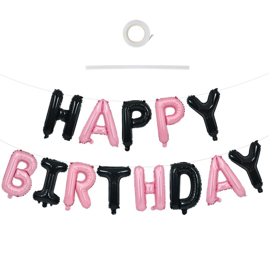 TONIFUL Happy Birthday foil letters banner in black and pink, ideal for stylish photo backdrops.