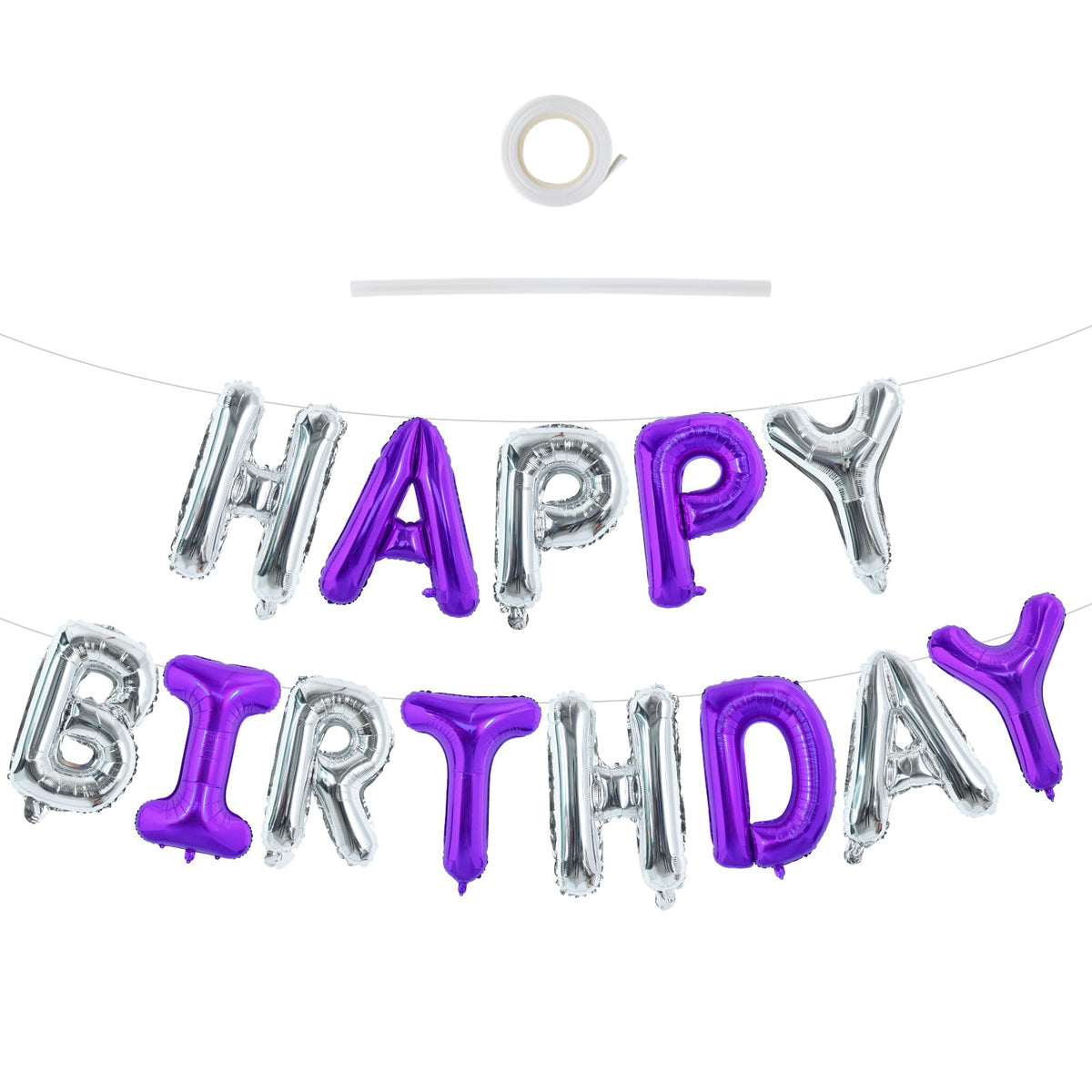 TONIFUL Happy Birthday letters banner in purple-silver, perfect for elegant party decor.