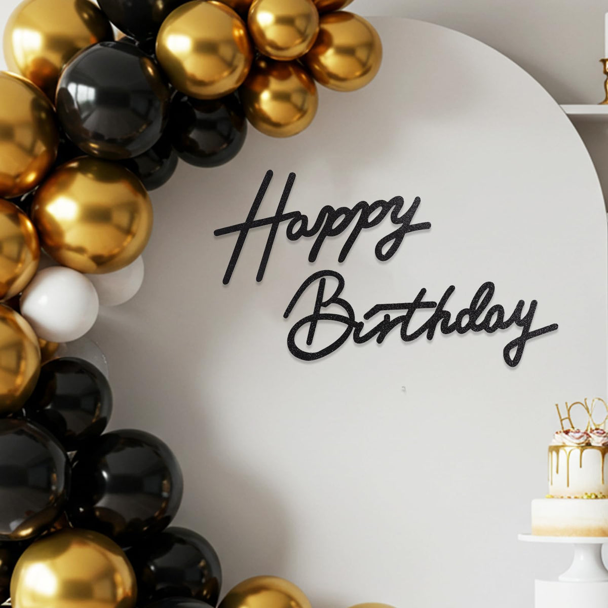 TONIFUL glitter black felt Happy Birthday letters backdrop for a chic birthday photo wall