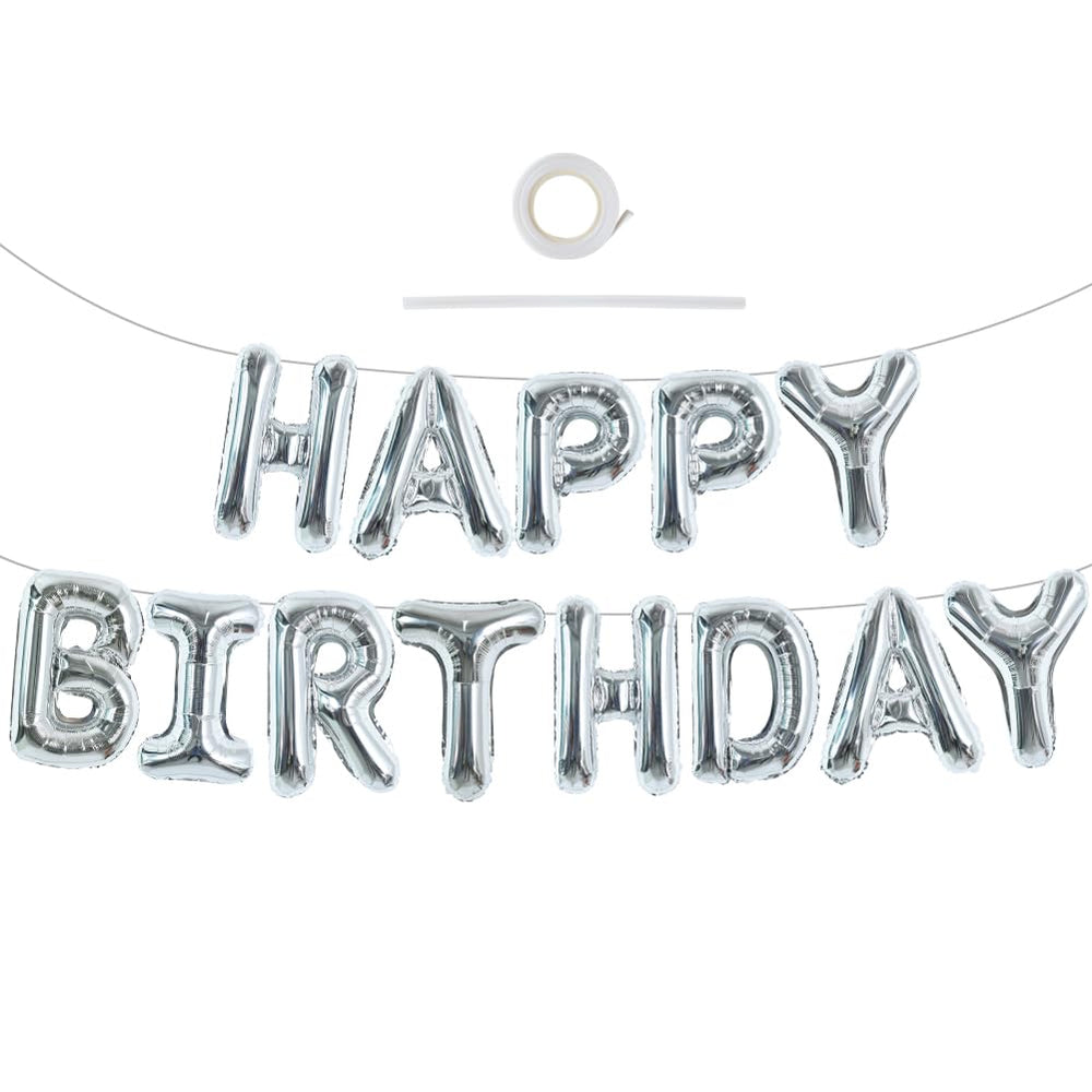 TONIFUL Laser Silver Happy Birthday Banner assembled for a polished celebration backdrop