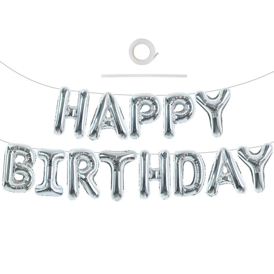 TONIFUL Laser Silver Happy Birthday Banner assembled for a polished celebration backdrop