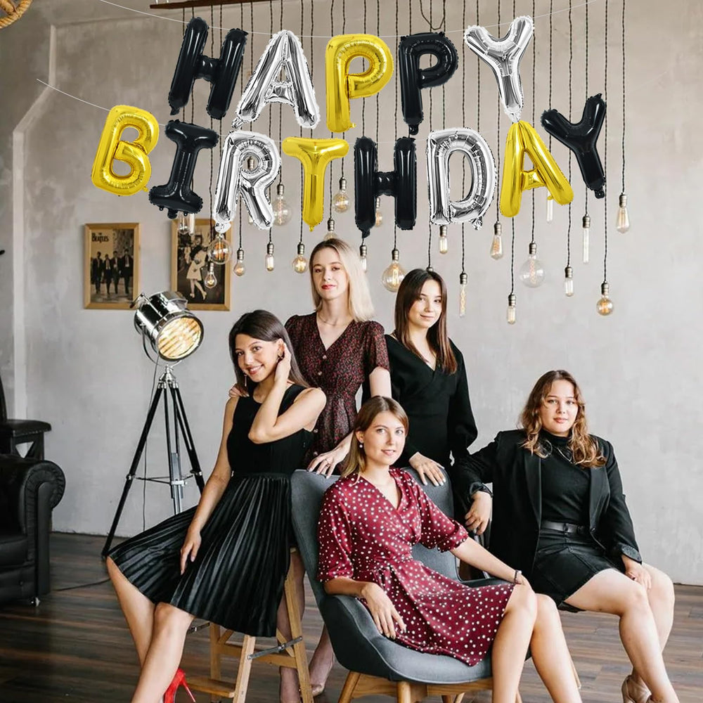 TONIFUL metallic banner display in black, silver, gold adds chic party flair.