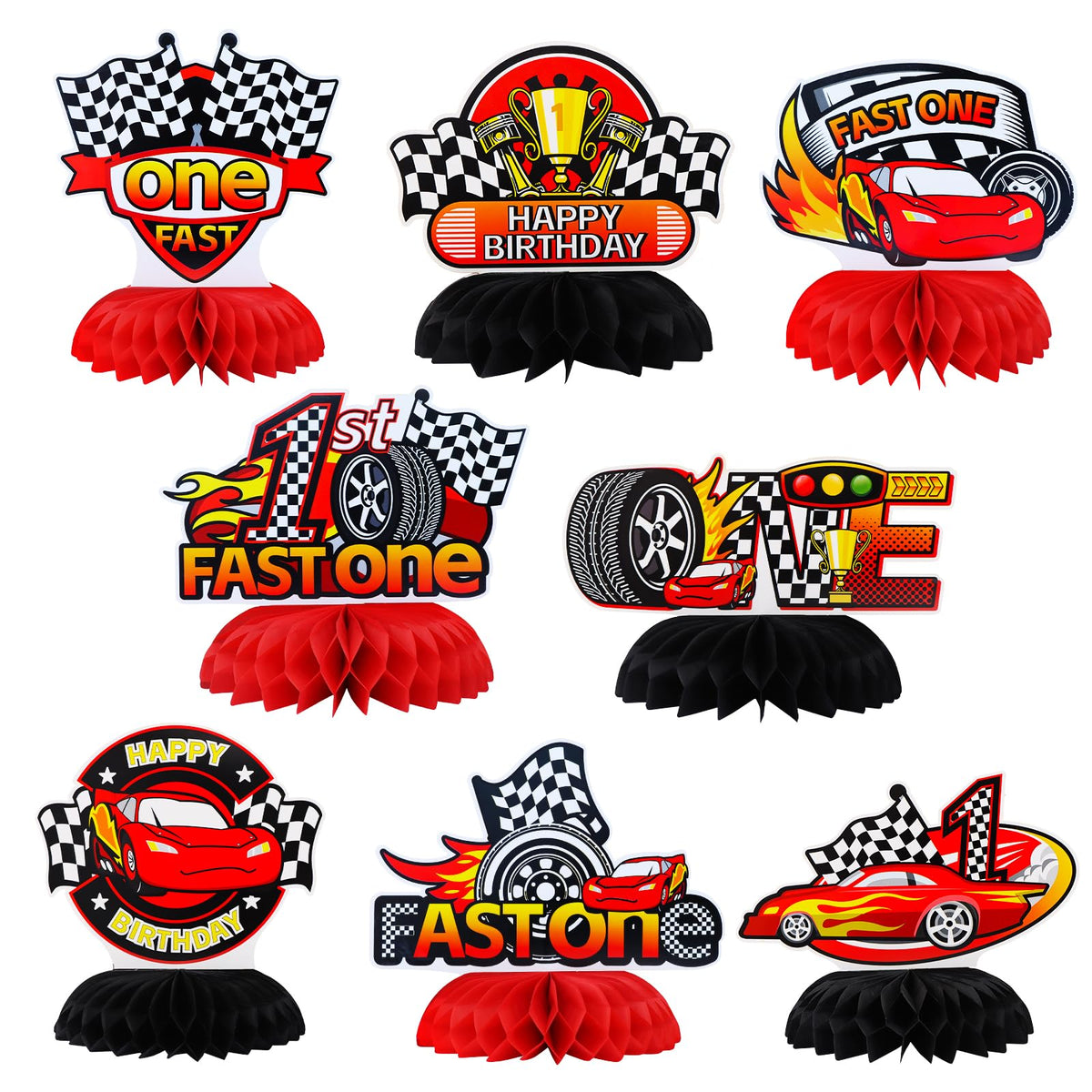 TONIFUL ONE race car honeycomb centerpiece brightens first birthday tables.