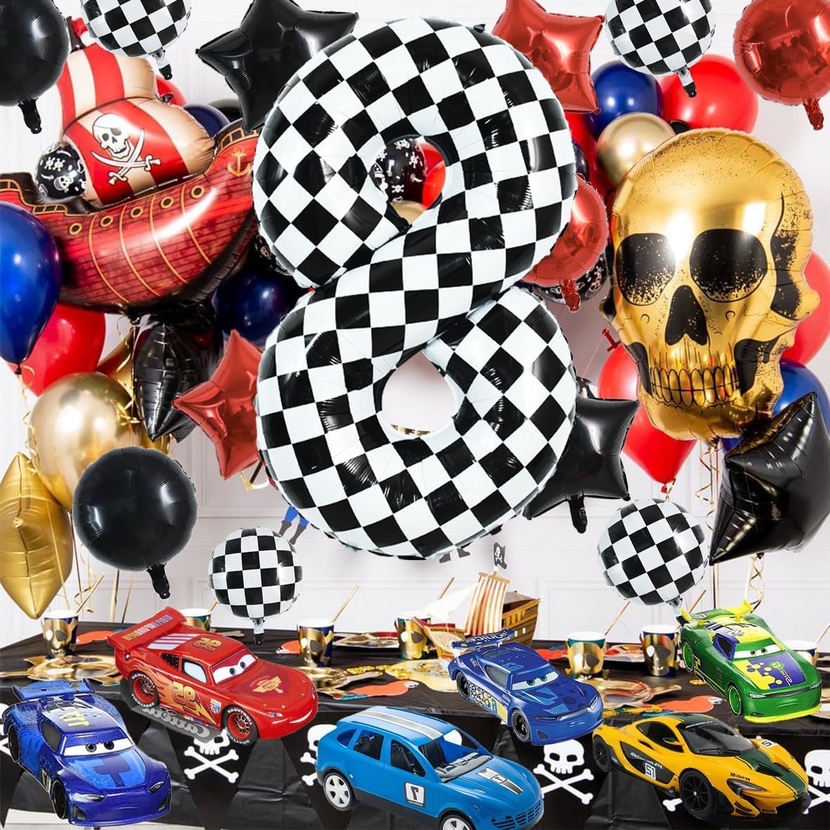 TONIFUL checkered number 8 balloon used as centerpiece or photo backdrop.